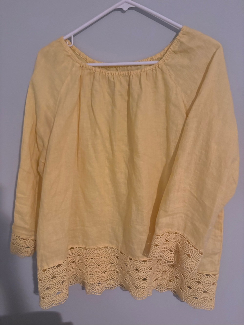 J Crew Linen Women's Yellow Crochet-Hem Peasant Top